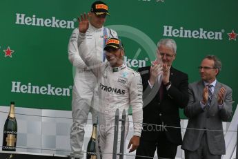 World © Octane Photographic Ltd. Mercedes AMG Petronas – Lewis Hamilton (1st) and Williams Martini Racing, – Valtteri Bottas (3rd). Sunday 12th June 2016, F1 Canadian GP Podium, Circuit Gilles Villeneuve, Montreal, Canada. Digital Ref :1593LB1D4389