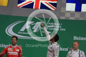 World © Octane Photographic Ltd. Mercedes AMG Petronas – Lewis Hamilton (1st), Scuderia Ferrari – Sebastian Vettel (2nd) and Williams Martini Racing, – Valtteri Bottas (3rd). Sunday 12th June 2016, F1 Canadian GP Podium, Circuit Gilles Villeneuve, Montreal, Canada. Digital Ref :1593LB1D4443