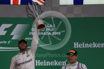 World © Octane Photographic Ltd. Mercedes AMG Petronas – Lewis Hamilton (1st), Scuderia Ferrari – Sebastian Vettel (2nd) and Williams Martini Racing, – Valtteri Bottas (3rd). Sunday 12th June 2016, F1 Canadian GP Podium, Circuit Gilles Villeneuve, Montreal, Canada. Digital Ref :1593LB1D4503