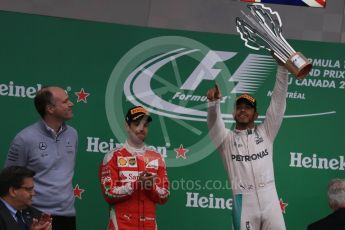 World © Octane Photographic Ltd. Mercedes AMG Petronas – Lewis Hamilton (1st), Scuderia Ferrari – Sebastian Vettel (2nd) and Williams Martini Racing, – Valtteri Bottas (3rd). Sunday 12th June 2016, F1 Canadian GP Podium, Circuit Gilles Villeneuve, Montreal, Canada. Digital Ref :1593LB1D4525
