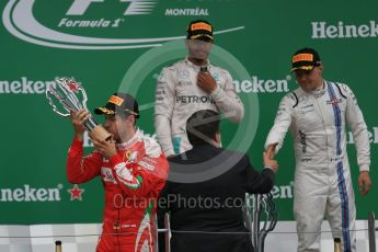 World © Octane Photographic Ltd. Mercedes AMG Petronas – Lewis Hamilton (1st), Scuderia Ferrari – Sebastian Vettel (2nd) and Williams Martini Racing, – Valtteri Bottas (3rd). Sunday 12th June 2016, F1 Canadian GP Podium, Circuit Gilles Villeneuve, Montreal, Canada. Digital Ref :1593LB1D4582