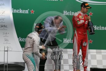 World © Octane Photographic Ltd. Mercedes AMG Petronas – Lewis Hamilton (1st), Scuderia Ferrari – Sebastian Vettel (2nd) and Williams Martini Racing, – Valtteri Bottas (3rd). Sunday 12th June 2016, F1 Canadian GP Podium, Circuit Gilles Villeneuve, Montreal, Canada. Digital Ref :1593LB1D4656