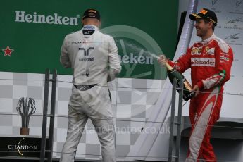 World © Octane Photographic Ltd. Scuderia Ferrari – Sebastian Vettel (2nd) and Williams Martini Racing, – Valtteri Bottas (3rd) . Sunday 12th June 2016, F1 Canadian GP Podium, Circuit Gilles Villeneuve, Montreal, Canada. Digital Ref :1593LB1D4754