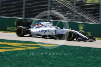 World © Octane Photographic Ltd. Williams Martini Racing, Williams Mercedes FW38 – Felipe Massa. Friday 10th June 2016, F1 Canadian GP Practice 2, Circuit Gilles Villeneuve, Montreal, Canada. Digital Ref :1587LB5D9267
