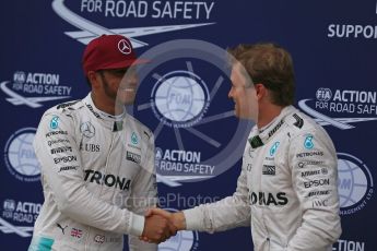 World © Octane Photographic Ltd. Mercedes AMG Petronas W07 Hybrid – Lewis Hamilton and Nico Rosberg. Saturday 11th June 2016, F1 Canadian GP Qualifying Parc Ferme, Circuit Gilles Villeneuve, Montreal, Canada. Digital Ref :1589LB1D2061