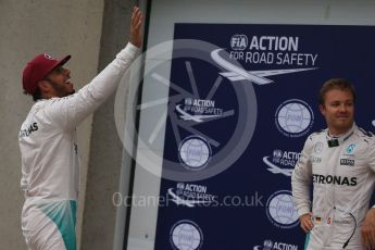 World © Octane Photographic Ltd. Mercedes AMG Petronas W07 Hybrid – Lewis Hamilton and Nico Rosberg. Saturday 11th June 2016, F1 Canadian GP Qualifying Parc Ferme, Circuit Gilles Villeneuve, Montreal, Canada. Digital Ref :1589LB1D2070