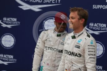 World © Octane Photographic Ltd. Mercedes AMG Petronas W07 Hybrid – Lewis Hamilton and Nico Rosberg. Saturday 11th June 2016, F1 Canadian GP Qualifying Parc Ferme, Circuit Gilles Villeneuve, Montreal, Canada. Digital Ref :1589LB1D2091