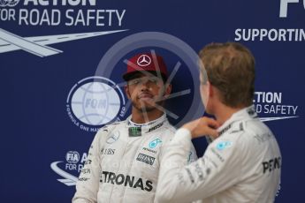 World © Octane Photographic Ltd. Mercedes AMG Petronas W07 Hybrid – Lewis Hamilton and Nico Rosberg. Saturday 11th June 2016, F1 Canadian GP Qualifying Parc Ferme, Circuit Gilles Villeneuve, Montreal, Canada. Digital Ref :1589LB1D2097