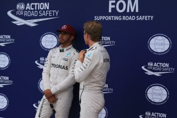 World © Octane Photographic Ltd. Mercedes AMG Petronas W07 Hybrid – Lewis Hamilton and Nico Rosberg. Saturday 11th June 2016, F1 Canadian GP Qualifying Parc Ferme, Circuit Gilles Villeneuve, Montreal, Canada. Digital Ref :1589LB1D2103