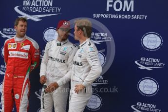 World © Octane Photographic Ltd. Mercedes AMG Petronas W07 Hybrid – Lewis Hamilton and Nico Rosberg and Scuderia Ferrari SF16-H – Sebastian Vettel. Saturday 11th June 2016, F1 Canadian GP Qualifying Parc Ferme, Circuit Gilles Villeneuve, Montreal, Canada. Digital Ref :1589LB1D2112