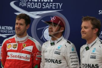 World © Octane Photographic Ltd. Mercedes AMG Petronas W07 Hybrid – Lewis Hamilton and Nico Rosberg and Scuderia Ferrari SF16-H – Sebastian Vettel. Saturday 11th June 2016, F1 Canadian GP Qualifying Parc Ferme, Circuit Gilles Villeneuve, Montreal, Canada. Digital Ref :1589LB1D2118