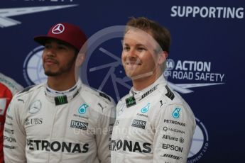 World © Octane Photographic Ltd. Mercedes AMG Petronas W07 Hybrid – Lewis Hamilton and Nico Rosberg. Saturday 11th June 2016, F1 Canadian GP Qualifying Parc Ferme, Circuit Gilles Villeneuve, Montreal, Canada. Digital Ref :1589LB1D2148