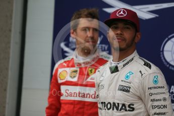 World © Octane Photographic Ltd. Mercedes AMG Petronas W07 Hybrid – Lewis Hamilton and Scuderia Ferrari SF16-H – Sebastian Vettel. Saturday 11th June 2016, F1 Canadian GP Qualifying Parc Ferme, Circuit Gilles Villeneuve, Montreal, Canada. Digital Ref :1589LB1D2150