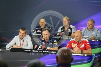 World © Octane Photographic Ltd. F1 Canadian GP FIA Personnel Press Conference, Circuit Gilles Villeneuve, Montreal, Canada. Friday 10th June 2016. Jock Clear – Senior Performance Engineer Scuderia Ferrari, Robert Fernley – Sahara Force India Deputy Team Principal, Christian Horner – Team Principal Red Bull Racing, Dave Ryan – Manor Racing, Racing Director, Guenther Steiner – Team Principal Haas F1 Team and Franz Tost – Team Principal Scuderia Toro Rosso. Digital Ref :1585LB5D9906