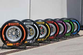 World © Octane Photographic Ltd. Pirelli tyre range. Tuesday 17th May 2016, F1 Spanish In-season testing, Circuit de Barcelona Catalunya, Spain. Digital Ref : 1555CB7D8836