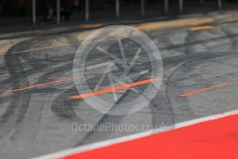 World © Octane Photographic Ltd. Tyre marks in the pit lane. Wednesday 18th May 2016, F1 Spanish GP In-season testing, Circuit de Barcelona Catalunya, Spain. Digital Ref : 1556LB1D0890