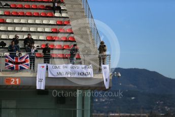 World © Octane Photographic Ltd. McLaren Honda – Fernando Alonso fans. Tuesday 1st March 2016, F1 Winter testing, Circuit de Barcelona Catalunya, Spain, Day 5. Digital Ref : 1508LB1D5094