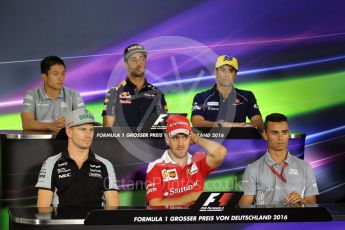 World © Octane Photographic Ltd. F1 German GP FIA Drivers’ Press Conference, Hockenheim, Germany. Thursday 28th July 2016. Manor Racing – Rio Haryanto, Sahara Force India - Nico Hulkenberg, Sauber F1 Team – Felipe Nasr, Red Bull Racing – Daniel Ricciardo, Scuderia Ferrari – Sebastian Vettel and Manor Racing - Pascal Wehrlein. Digital Ref : 1657LB2D0762