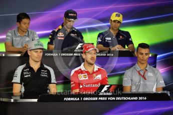 World © Octane Photographic Ltd. F1 German GP FIA Drivers’ Press Conference, Hockenheim, Germany. Thursday 28th July 2016. Manor Racing – Rio Haryanto, Sahara Force India - Nico Hulkenberg, Sauber F1 Team – Felipe Nasr, Red Bull Racing – Daniel Ricciardo, Scuderia Ferrari – Sebastian Vettel and Manor Racing - Pascal Wehrlein. Digital Ref : 1657LB2D0771