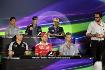 World © Octane Photographic Ltd. F1 German GP FIA Drivers’ Press Conference, Hockenheim, Germany. Thursday 28th July 2016. Manor Racing – Rio Haryanto, Sahara Force India - Nico Hulkenberg, Sauber F1 Team – Felipe Nasr, Red Bull Racing – Daniel Ricciardo, Scuderia Ferrari – Sebastian Vettel and Manor Racing - Pascal Wehrlein. Digital Ref : 1657LB2D0777