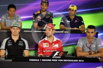 World © Octane Photographic Ltd. F1 German GP FIA Drivers’ Press Conference, Hockenheim, Germany. Thursday 28th July 2016. Manor Racing – Rio Haryanto, Sahara Force India - Nico Hulkenberg, Sauber F1 Team – Felipe Nasr, Red Bull Racing – Daniel Ricciardo, Scuderia Ferrari – Sebastian Vettel and Manor Racing - Pascal Wehrlein. Digital Ref : 1657LB2D0784