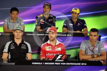 World © Octane Photographic Ltd. F1 German GP FIA Drivers’ Press Conference, Hockenheim, Germany. Thursday 28th July 2016. Manor Racing – Rio Haryanto, Sahara Force India - Nico Hulkenberg, Sauber F1 Team – Felipe Nasr, Red Bull Racing – Daniel Ricciardo, Scuderia Ferrari – Sebastian Vettel and Manor Racing - Pascal Wehrlein. Digital Ref : 1657LB2D0787