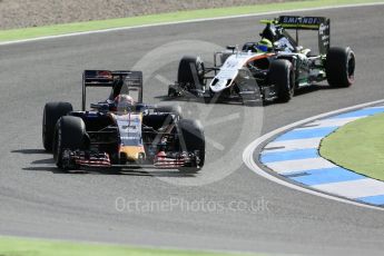 World © Octane Photographic Ltd. Scuderia Toro Rosso STR11 – Daniil Kvyat and Sahara Force India VJM09 - Sergio Perez. Friday 29th July 2016, F1 German GP Practice 1, Hockenheim, Germany. Digital Ref : 1659CB5D9210