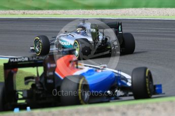 World © Octane Photographic Ltd. Mercedes AMG Petronas W07 Hybrid – Lewis Hamilton and Manor Racing MRT05 - Pascal Wehrlein. Friday 29th July 2016, F1 German GP Practice 1, Hockenheim, Germany. Digital Ref : 1659CB5D9305