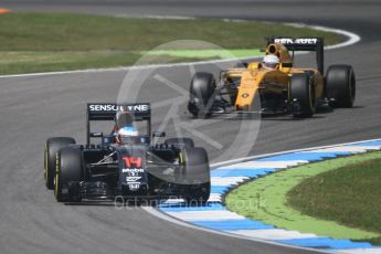 World © Octane Photographic Ltd. McLaren Honda MP4-31 – Fernando Alonso and Renault Sport F1 Team RS16 - Kevin Magnussen. Friday 29th July 2016, F1 German GP Practice 2, Hockenheim, Germany. Digital Ref : 1661CB1D1317
