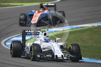 World © Octane Photographic Ltd. Williams Martini Racing, Williams Mercedes FW38 – Valtteri Bottas and Manor Racing MRT05 - Pascal Wehrlein. Friday 29th July 2016, F1 German GP Practice 2, Hockenheim, Germany. Digital Ref : 1661CB1D1406