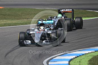 World © Octane Photographic Ltd. Mercedes AMG Petronas W07 Hybrid – Lewis Hamilton and Sahara Force India VJM09 - Nico Hulkenberg. Friday 29th July 2016, F1 German GP Practice 2, Hockenheim, Germany. Digital Ref : 1661CB1D1458