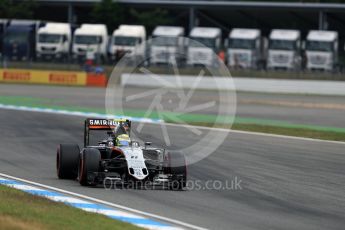 World © Octane Photographic Ltd. Sahara Force India VJM09 - Sergio Perez. Friday 29th July 2016, F1 German GP Practice 2, Hockenheim, Germany. Digital Ref : 1661LB1D9453