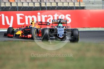 World © Octane Photographic Ltd. Sahara Force India VJM09 - Nico Hulkenberg and Red Bull Racing RB12 – Max Verstappen. Saturday 30th July 2016, F1 German GP Practice 3, Hockenheim, Germany. Digital Ref :1665CB1D1874