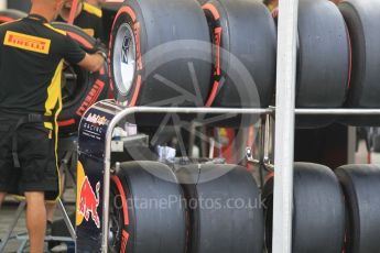 World © Octane Photographic Ltd. Red Bull Racing tyre trolly loaded with Pirelli Supersoft (Red) tyres. Thursday 28th July 2016, F1 German GP Set up, Hockenheim, Germany. Digital Ref :1658CB1D0156