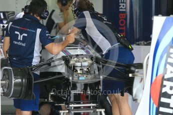 World © Octane Photographic Ltd. Williams Martini Racing, Williams Mercedes FW38 under build. Thursday 28th July 2016, F1 German GP Set up, Hockenheim, Germany. Digital Ref :1658CB1D0169