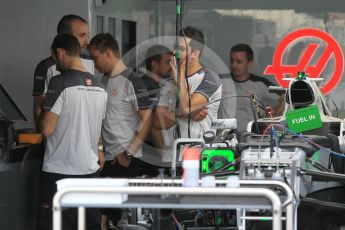 World © Octane Photographic Ltd. Haas F1 Team garage. Thursday 28th July 2016, F1 German GP Set up, Hockenheim, Germany. Digital Ref :1658CB1D0225