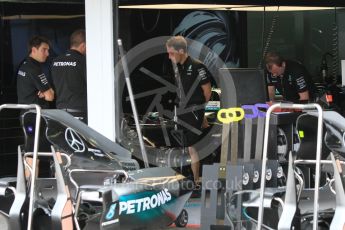 World © Octane Photographic Ltd. Mercedes AMG Petronas W07 Hybrid garage. Thursday 28th July 2016, F1 German GP Set up, Hockenheim, Germany. Digital Ref :1658CB1D0431
