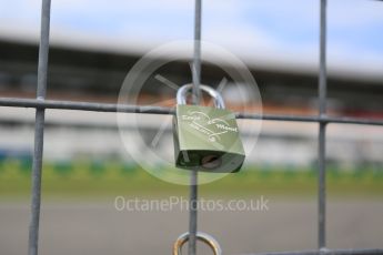 World © Octane Photographic Ltd. Love padlock on pit wall. Thursday 28th July 2016, F1 German GP Set up, Hockenheim, Germany. Digital Ref :1658CB5D8722
