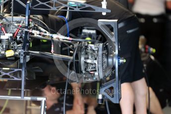 World © Octane Photographic Ltd. Mercedes AMG Petronas W07 Hybrid front suspension and brakes detail. Thursday 28th July 2016, F1 German GP Set up, Hockenheim, Germany. Digital Ref :1658LB1D7052