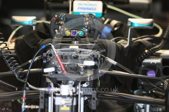 World © Octane Photographic Ltd. Mercedes AMG Petronas W07 Hybrid steering wheel detail. Thursday 28th July 2016, F1 German GP Set up, Hockenheim, Germany. Digital Ref :1658LB1D7085