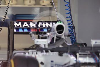 World © Octane Photographic Ltd. Williams Martini Racing, Williams Mercedes FW38 rear wing detail. Thursday 28th July 2016, F1 German GP Set up, Hockenheim, Germany. Digital Ref :1658LB1D7205