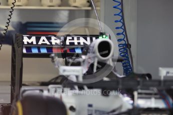 World © Octane Photographic Ltd. Williams Martini Racing, Williams Mercedes FW38 rear wing detail. Thursday 28th July 2016, F1 German GP Set up, Hockenheim, Germany. Digital Ref :1658LB1D7210