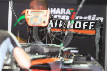 World © Octane Photographic Ltd. Sahara Force India VJM09 rear wing detail. Thursday 28th July 2016, F1 German GP Set up, Hockenheim, Germany. Digital Ref :1658LB1D7245
