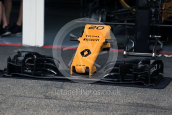 World © Octane Photographic Ltd. Renault Sport F1 Team RS16 nose and front wing - Kevin Magnussen. Thursday 28th July 2016, F1 German GP Set up, Hockenheim, Germany. Digital Ref :1658LB2D0709
