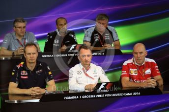 World © Octane Photographic Ltd. F1 German GP FIA Personnel Press Conference, Hockenheim, Germany. Friday 29th July 2016. Jock Clear – Scuderia Ferrari Senior Performance Engineer, Pat Fry – Manor Racing Engineering Consultant, Paddy Lowe – Mercedes AMG Petronas Executive Director, Paul Monaghan – Red Bull Racing Chief Engineer – Car Engineering, Matt Morris – McLaren Honda Engineering Director and Otmar Szafnauer – Sahara Force India Chief Operating Officer (COO). Digital Ref : 1663LB2D1616