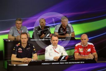 World © Octane Photographic Ltd. F1 German GP FIA Personnel Press Conference, Hockenheim, Germany. Friday 29th July 2016. Jock Clear – Scuderia Ferrari Senior Performance Engineer, Pat Fry – Manor Racing Engineering Consultant, Paddy Lowe – Mercedes AMG Petronas Executive Director, Paul Monaghan – Red Bull Racing Chief Engineer – Car Engineering, Matt Morris – McLaren Honda Engineering Director and Otmar Szafnauer – Sahara Force India Chief Operating Officer (COO). Digital Ref : 1663LB2D1623