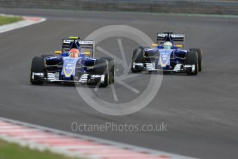 World © Octane Photographic Ltd. Sauber F1 Team C35 – Felipe Nasr and Marcus Ericsson. Friday 22nd July 2016, F1 Hungarian GP Practice 2, Hungaroring, Hungary. Digital Ref : 1641LB1D1598