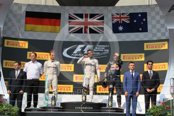 World © Octane Photographic Ltd. Mercedes AMG Petronas W07 Hybrid – Lewis Hamilton and Nico Rosberg and Red Bull Racing RB12 – Daniel Ricciardo. Sunday 24th July 2016, F1 Hungarian GP Podium, Hungaroring, Hungary. Digital Ref :