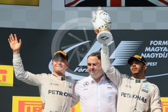 World © Octane Photographic Ltd. Mercedes AMG Petronas W07 Hybrid – Lewis Hamilton and Red Bull Racing RB12 – Daniel Ricciardo. Sunday 24th July 2016, F1 Hungarian GP Podium, Hungaroring, Hungary. Digital Ref :