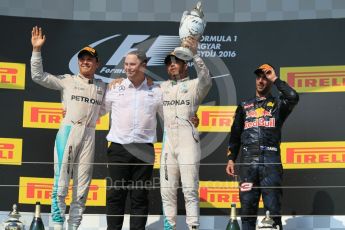 World © Octane Photographic Ltd. Mercedes AMG Petronas W07 Hybrid – Lewis Hamilton and Nico Rosberg and Red Bull Racing RB12 – Daniel Ricciardo. Sunday 24th July 2016, F1 Hungarian GP Podium, Hungaroring, Hungary. Digital Ref :